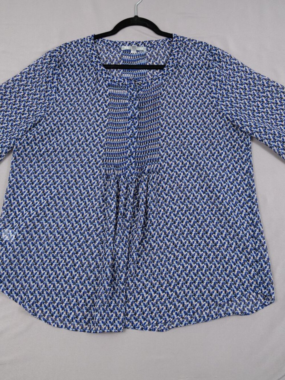 Daniel Rainn XL Blue Abstract Print Pintuck Blouse Roll Tab Sleeve Tunic Top